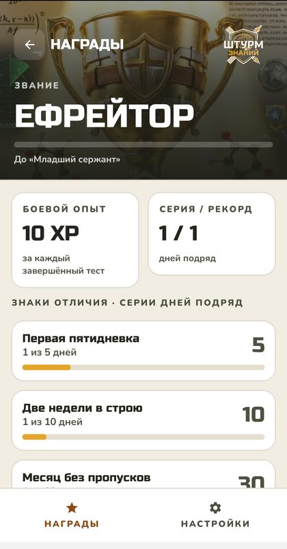 Экран наград: звание, боевой опыт, серия дней и знаки отличия