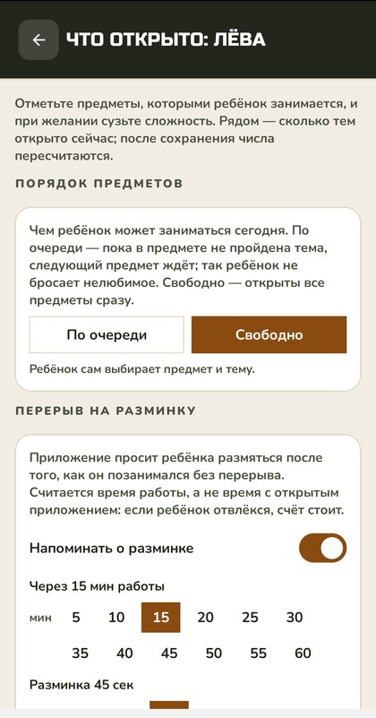 Экран настройки занятий: выбор порядка предметов «по очереди» или «свободно» и настройка перерыва на разминку