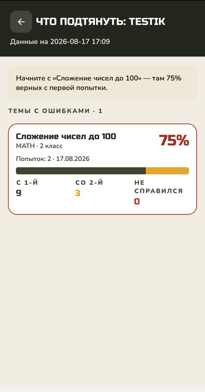 Экран «Что подтянуть»: тема с ошибками и разбор по попыткам